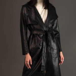 Kate Hewko Vegan Faux Leather Belted Trech Coat in Black *NOT Crocodile sz M
